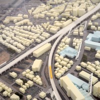 画面右上が東村山駅、手前が所沢方面、画面手前が西武園方面（模型）