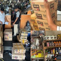 模倣品の摘発現場（左／右上）と、小規模路面店の棚に並ぶ「YAMALUBE」の模倣品（右下）