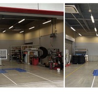 トヨタモビリティパーツ岐阜支社の拠点内に設けられた「エーミング作業場」は、エアコンが導入され、平滑な床面にガイドラインが引かれており、パンタグラフ式リフトが導入されている