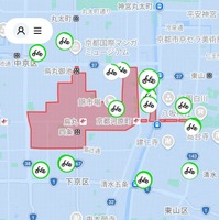 祇園祭期間中のジオフェンシング制御の様子（Limeアプリ画面。赤い部分は走行禁止エリアでジオフェンシング制御がかかっている）