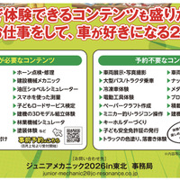 「ジュニアメカニック2026in東北」では、予約が必要な体験コンテンツと、予約不要でも楽しめる催しが多数用意されている