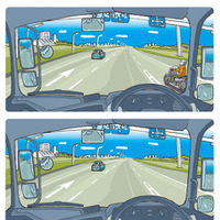 視野の右下に欠損があるドライバーの場合、前を見つめて走っていると、右下にいる二輪車の存在が、下段のイラストのように消えてしまう。（イラスト／手塚かつのり）
