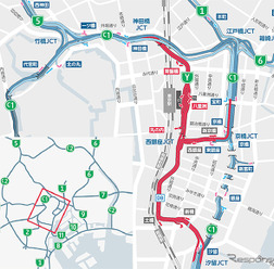 首都高は高速八重洲線を2025年4月上旬から2035年度まで長期通行止めをおこなう。画像は長期通行止め・廃止位置図