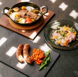 (常陸の輝き)左からベーコン野菜とラクレットチーズソース、ソーセージ 白いんげん豆、ジャンボンブラン エシャロットヴィネグレット