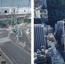 3Dmapspocketによる計測イメージ(左:高精度3次元点群データ/右:Google Photorealistic 3D Tiles)