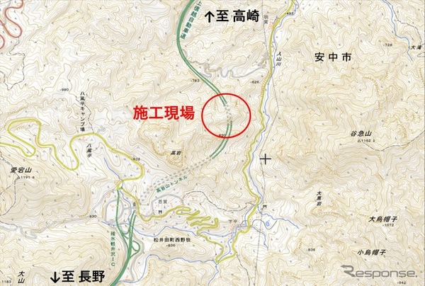 概略施工現場。地理院地図をもとに東日本高速道路(株)が加工