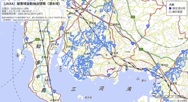 JAXAが「だいち2号」で観測したデータを自動解析した浸水被害推定域