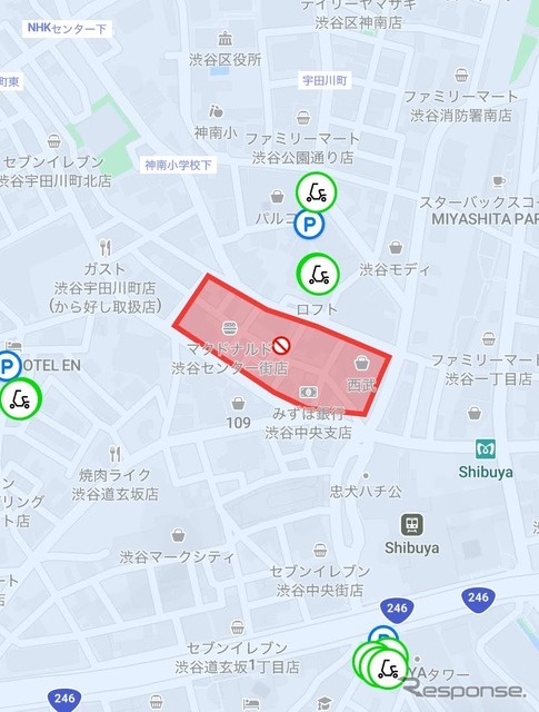 Lime（ライム）アプリ上で渋谷センター街が走行禁止になっている様子