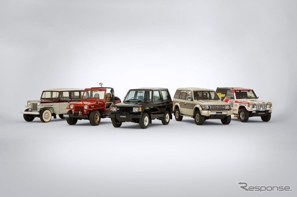 『パジェロ』の初代モデルと2代目モデルのほか、『パジェロ』の礎的な存在であった『J11デリバリ・ワゴン』、『パジェロ』のコンセプトカーである『パジェロⅠ』、初代『パジェロ』のダカールラリー優勝車