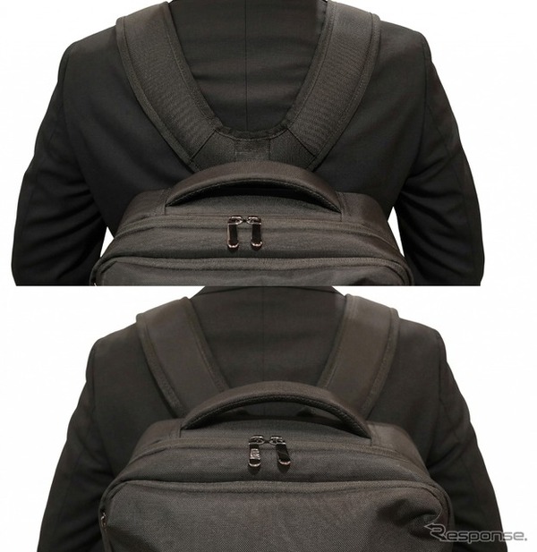 自動車のサスペンション構造を応用することで体感重量を約40%軽減する「無重力リュック」