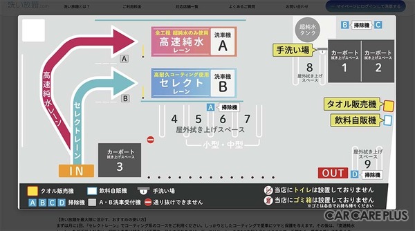 純水洗車機が導入されている「ふるーる洗車 多摩永山店」拠点内のレイアウト（画像：ふるーる洗車公式サイト）