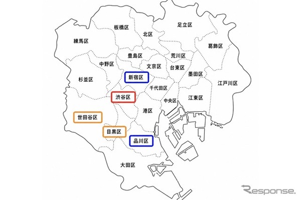 登録利用者の居住地。多い順に渋谷区・世田谷区・目黒区・新宿区・品川区