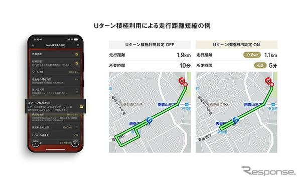 カーナビタイム、転回禁止規制に対応　Uターン規制箇所をアイコン表示・積極利用ルートも提供