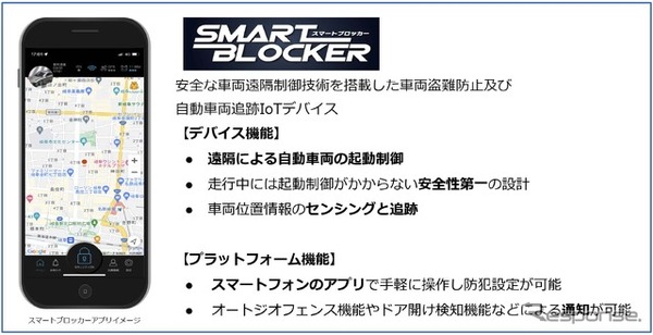「スマートブロッカー2nd」は、スマートフォン1つで、遠隔から起動制御し、位置情報の確認、異常検知などを行うことができる車両盗難防止商品