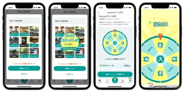 「旅ナカ」での登録したスポットへのチェックインと、「旅アト」のプレゼント抽選イメージ