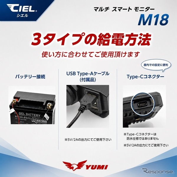 前後ドライブレコーダー内蔵のバイク用スマートモニター、シエル『M18』