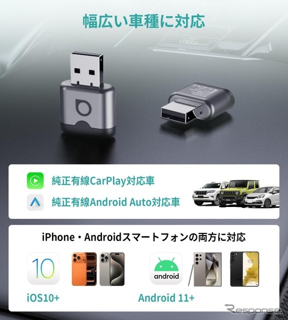 オットキャスト『ミニ・オーラ』、有線CarPlay・Android Autoをワイヤレス化するコンパクトアダプター発売