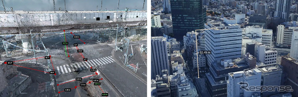 3Dmapspocketによる計測イメージ(左:高精度3次元点群データ／右:Google Photorealistic 3D Tiles)