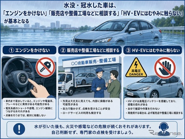 水没・冠水した車は、「エンジンをかけない」「販売店や整備工場などに相談する」「HV・EVにはむやみに触らない」が基本