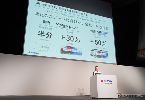 スズキは、2030年に向けて新車開発期間の半減、開発効率30％向上を掲げる