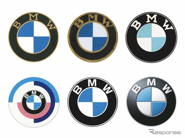 BMWロゴマークの変遷。上段左から右へ1917年、1933年、1954年、下段左から右へ1974年（BMWモータースポーツ）、1979年、2007年。