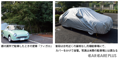 写真左は、都内某所で駐車したときの愛車「フィガロ」。普段は、写真右のように屋根なしの月極駐車場にて、カバーをかけて保管している。なお、写真と実際の駐車場は異なる