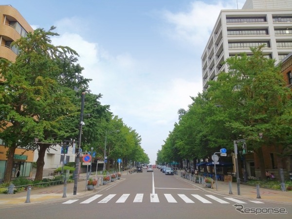 運行コースの日本大通り。写真右手の茶色の建物が発着停留所のTHE BAYS