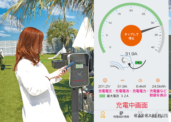 専用アプリで、充電開始や停止の遠隔操作のほか充電予約なども可能