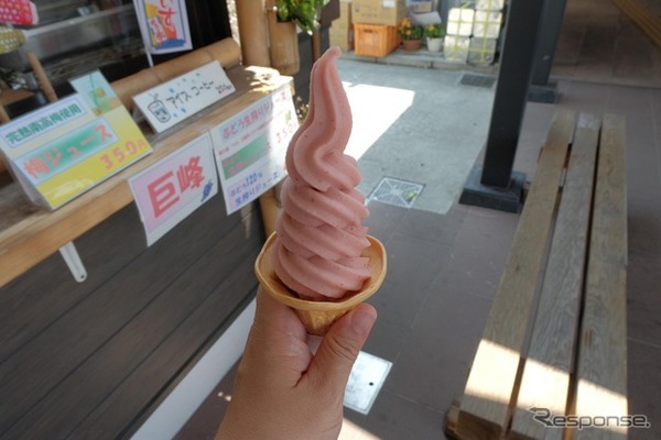 にんぎり飯屋というソフトクリーム屋でいちごソフトをオーダー。凍らせたいちごをすり潰しているのかと思うくらいの濃度だった。梅味も美味しかった。