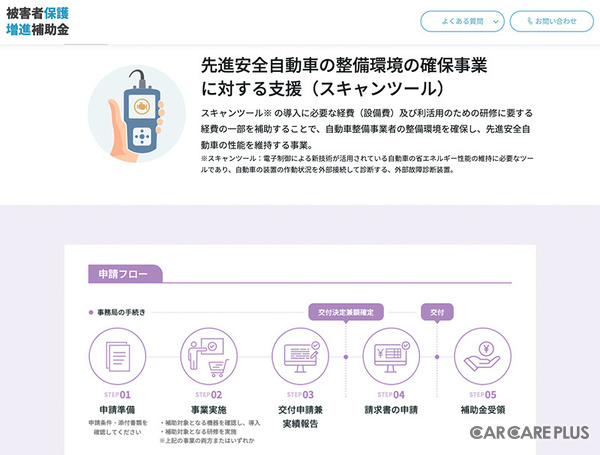 スキャンツール補助金の申請受付を対応する「令和6年度被害者保護増進等事業費補助金」のホームページ