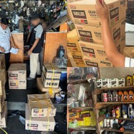 模倣品の摘発現場（左／右上）と、小規模路面店の棚に並ぶ「YAMALUBE」の模倣品（右下）