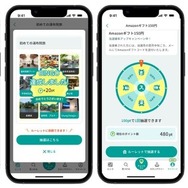 「旅ナカ」での登録したスポットへのチェックインと、「旅アト」のプレゼント抽選イメージ