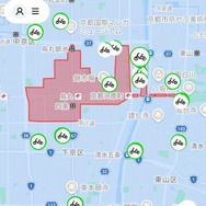 祇園祭期間中のジオフェンシング制御の様子（Limeアプリ画面。赤い部分は走行禁止エリアでジオフェンシング制御がかかっている）