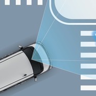 “スマートアシスト” ： 交差点右左折時の対向方向から来る横断歩行者検知機能（作動イメージ）