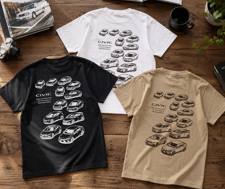 歴代ホンダ・シビック、公認ライセンス「Tシャツ」新色が登場！　CIVICヒストリーTシャツ　新色ブラック・ダークベージュ　予約開始 画像